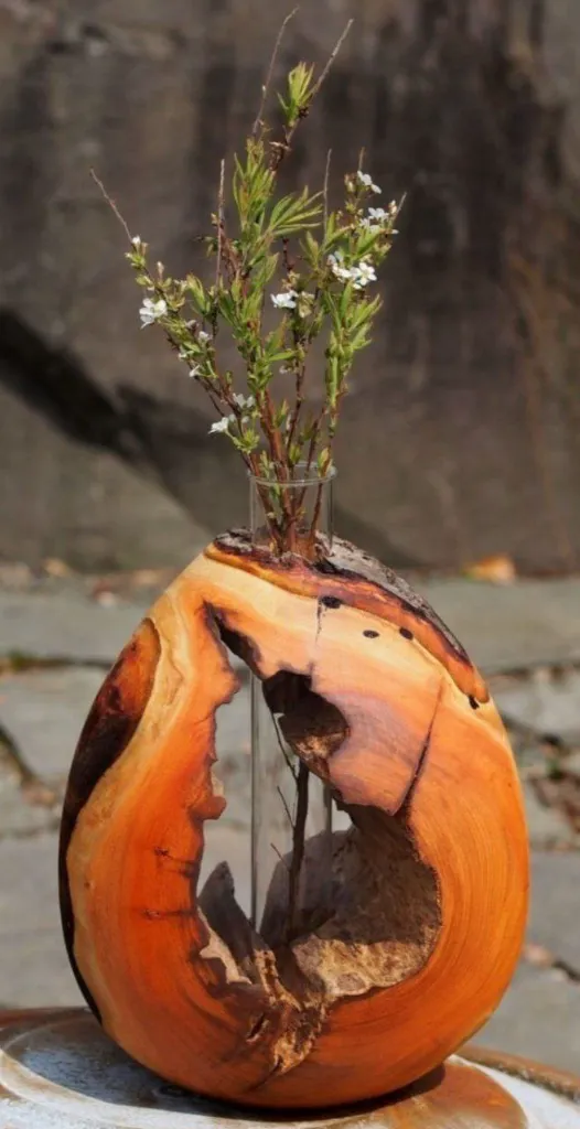 Handcrafted Wooden Egg-Shaped Vase with Indoor Plants[A1]
