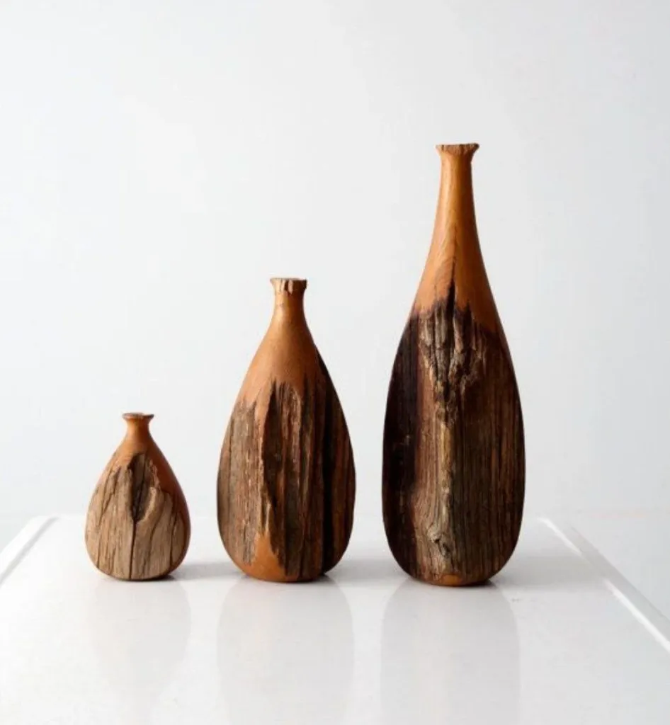 “Nature’s Vessels” – Handcrafted Wooden Bottle Sculpture Set[A59]