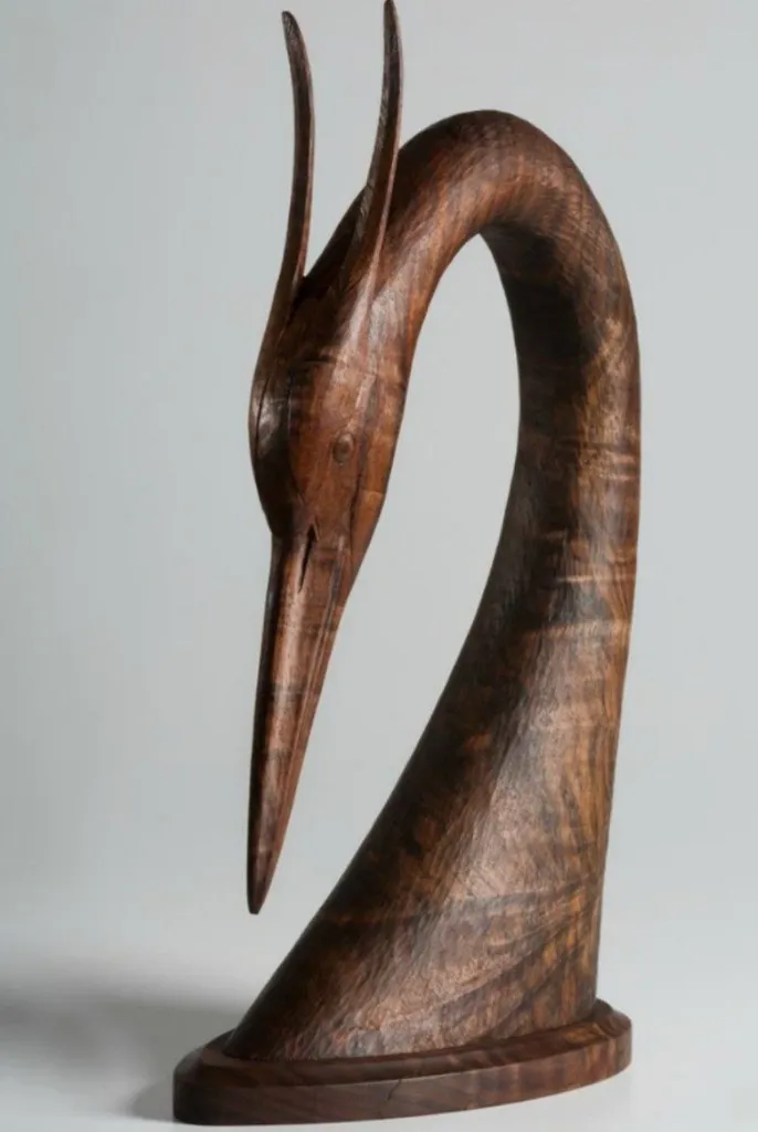 “Silent Sentinel” – Abstract Wooden Crane Head Sculpture[A96]