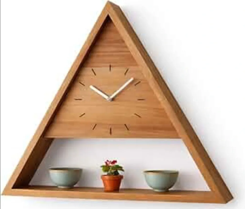 Handcrafted Triangle Wooden Wall Clock with Storage Shelf[C9]